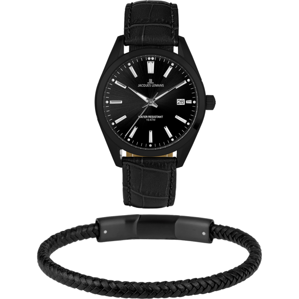 Schwarze Jacques Lemans Uhr Lederband, mit ´Derby´ gratis 1-2143A-SET