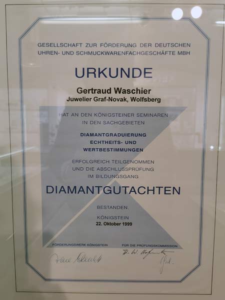 Diamantgutachterin Gertraud Waschier - Urkunde