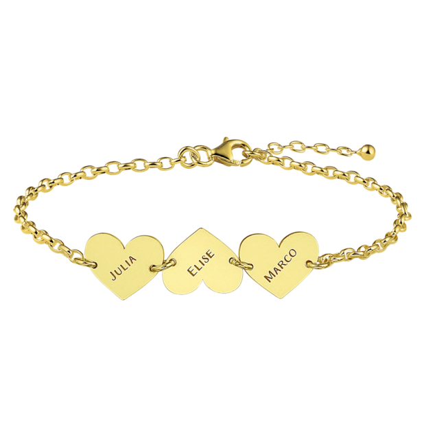 Geschenkidee - Goldenes Namensarmband mit 3 Herzen