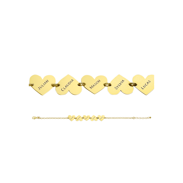 Goldenes Namensarmband mit 5 Herzen