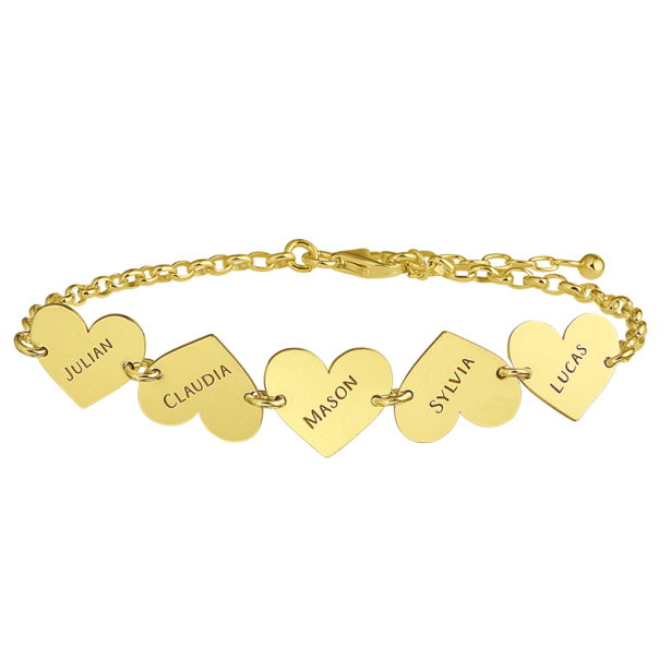 Geschenkidee - Goldenes Namensarmband mit 5 Herzen