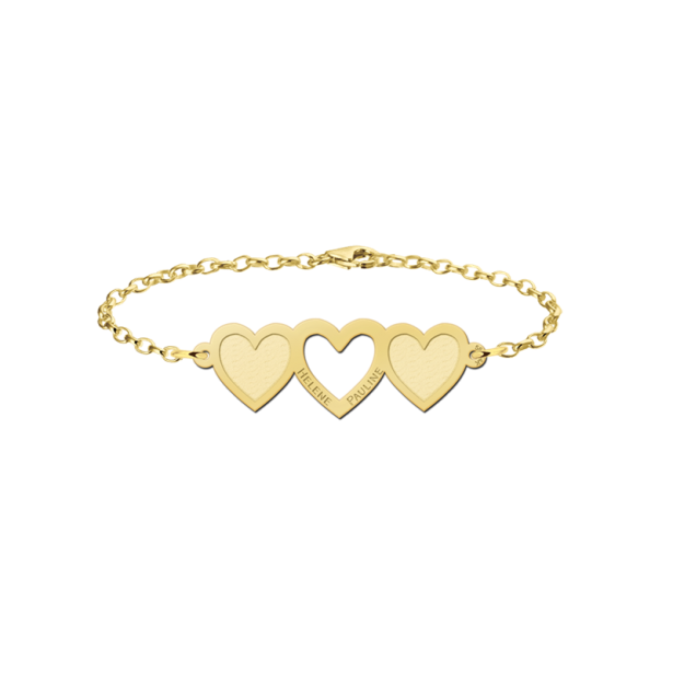 Armband mit drei Herzen und individueller Gravur in Gold